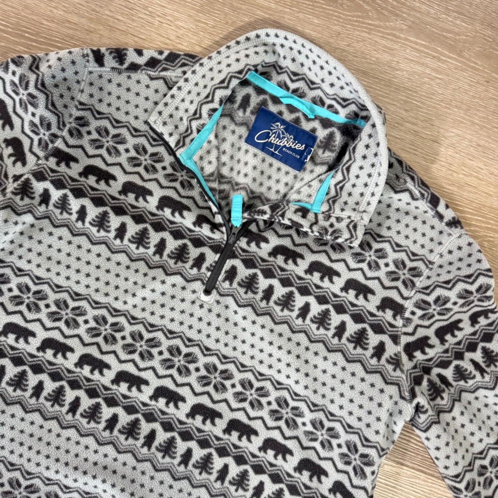 Chubbies Fleece Pullover Mens Small Gray Fair Isle Bear 1/4 Zip Sweater